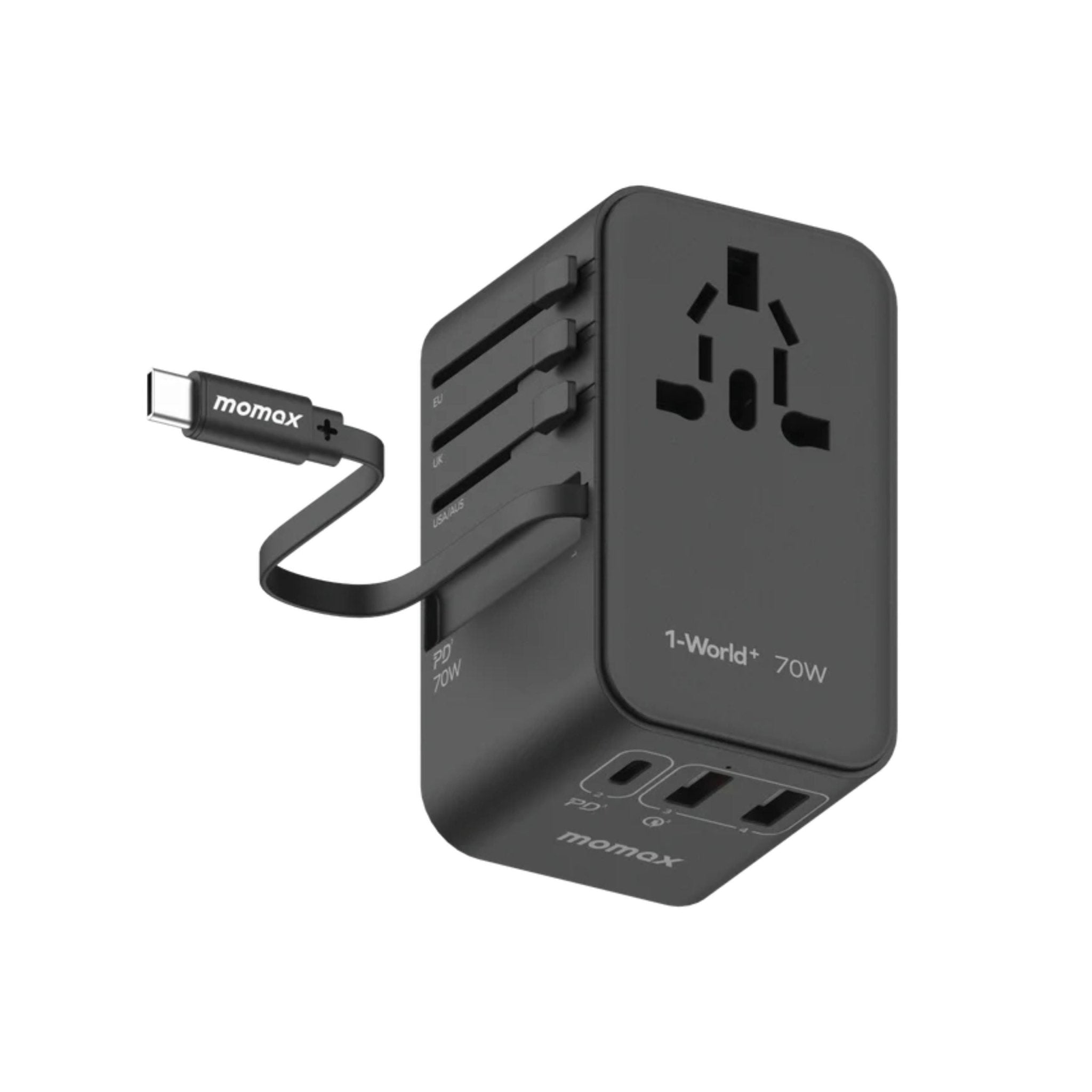Momax 1-World PD Global Travel Fast Charging Adapter 70W 3 Port With Built-In USB-C Cable 70cm